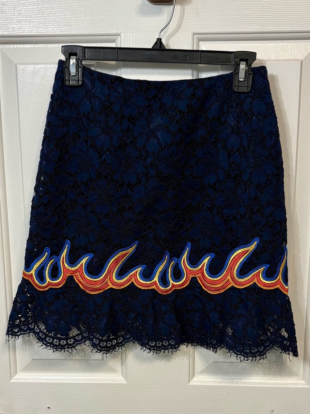 Sandro Navy Lace Mini Skirt with Multicolor Flame Trim